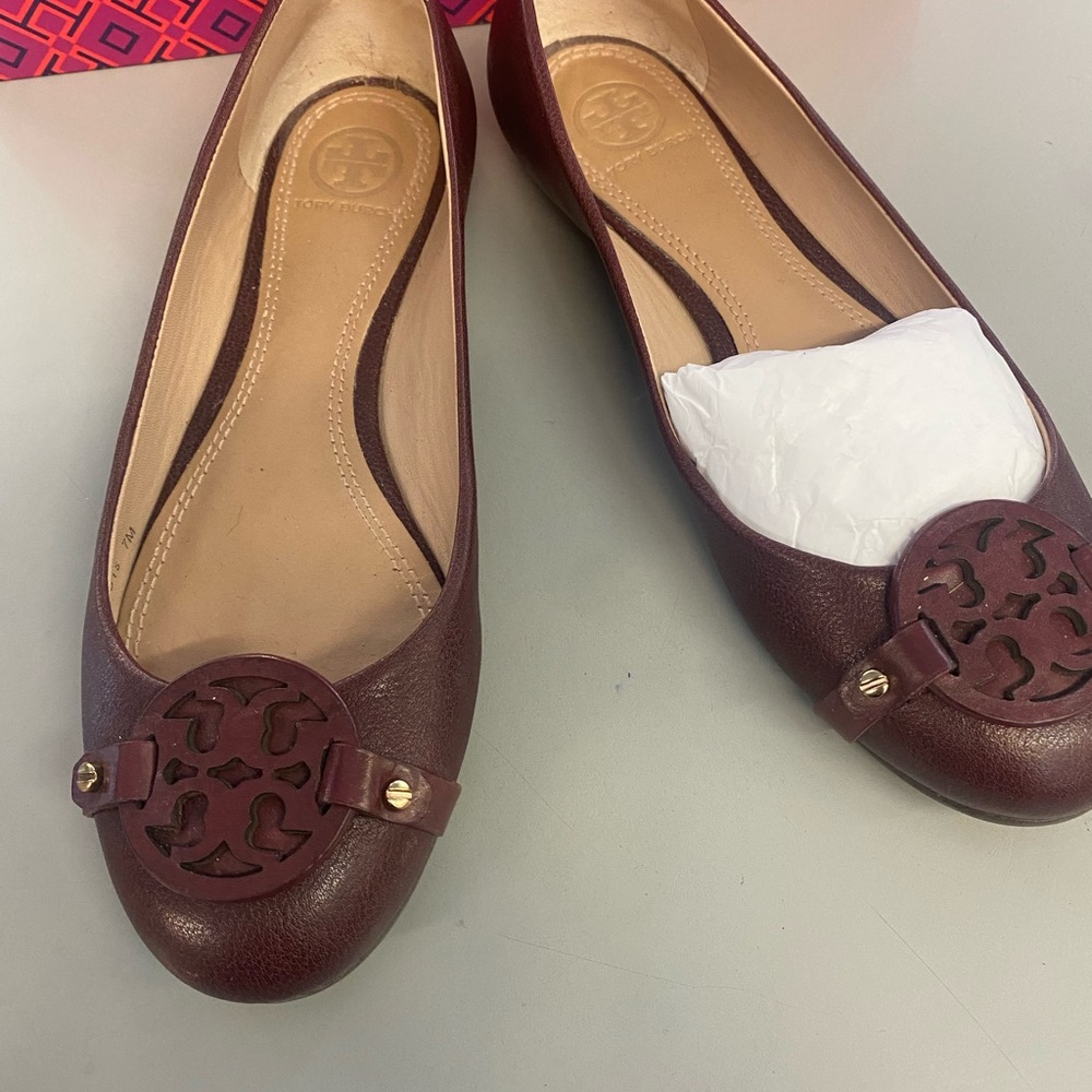 Tory Burch Oxblood Flats with Medallion on Toe